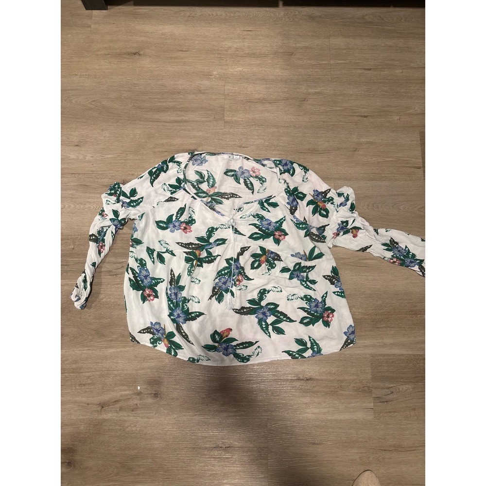 Old Navy White Tropical Bird Print Floral Peasant Blouse Tassel V-Neck XXL